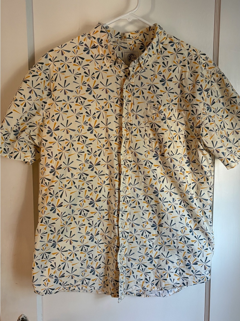 O'Neill Short-Sleeve Geometric Print Shirt in Cream, Navy & Yellow